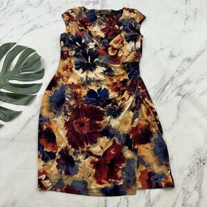 Lauren Ralph Lauren Draped Sheath Dress Size 12 Petite Yellow Blue Floral